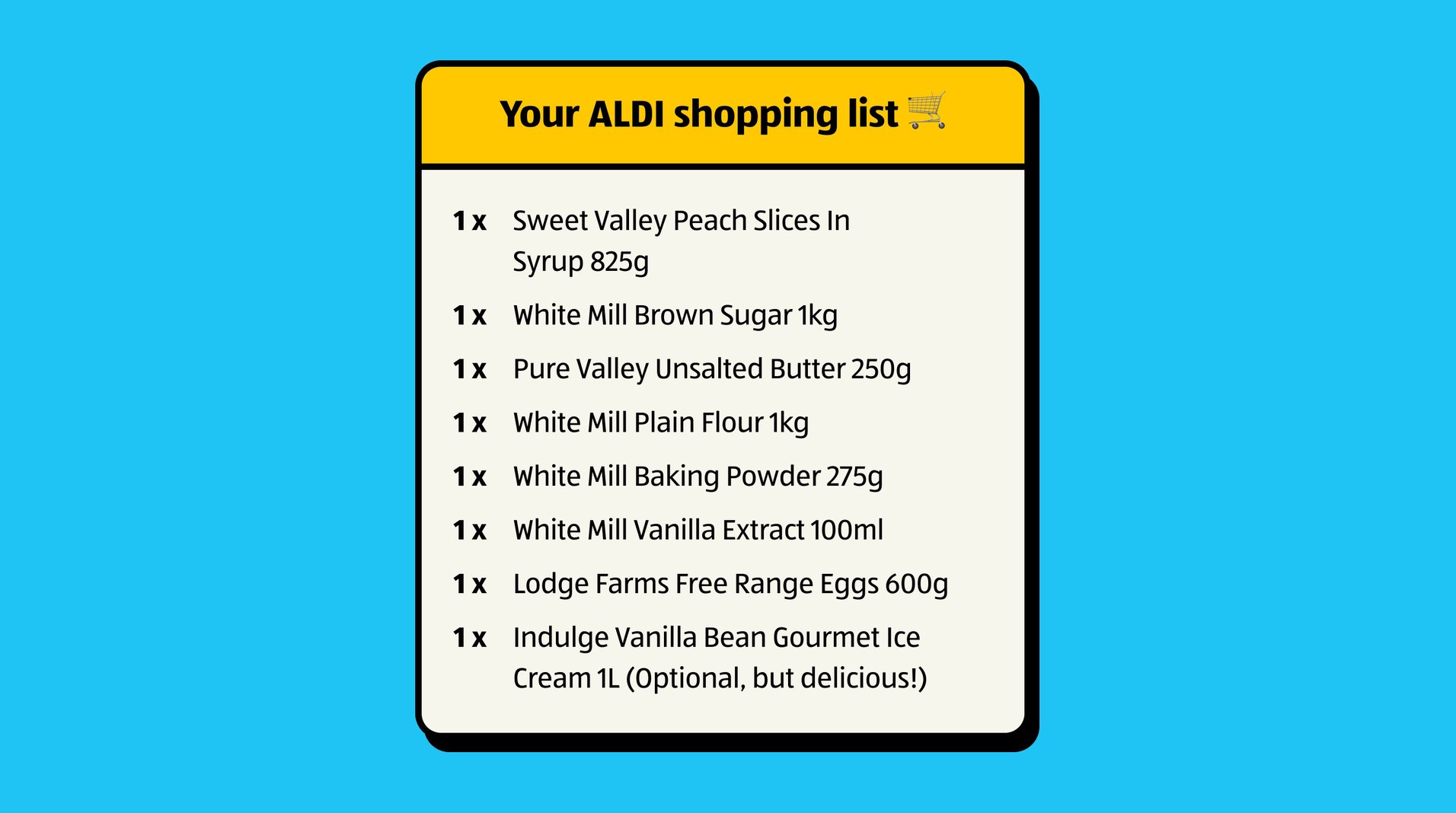 ALDI shopping list for peach upside-down cookies