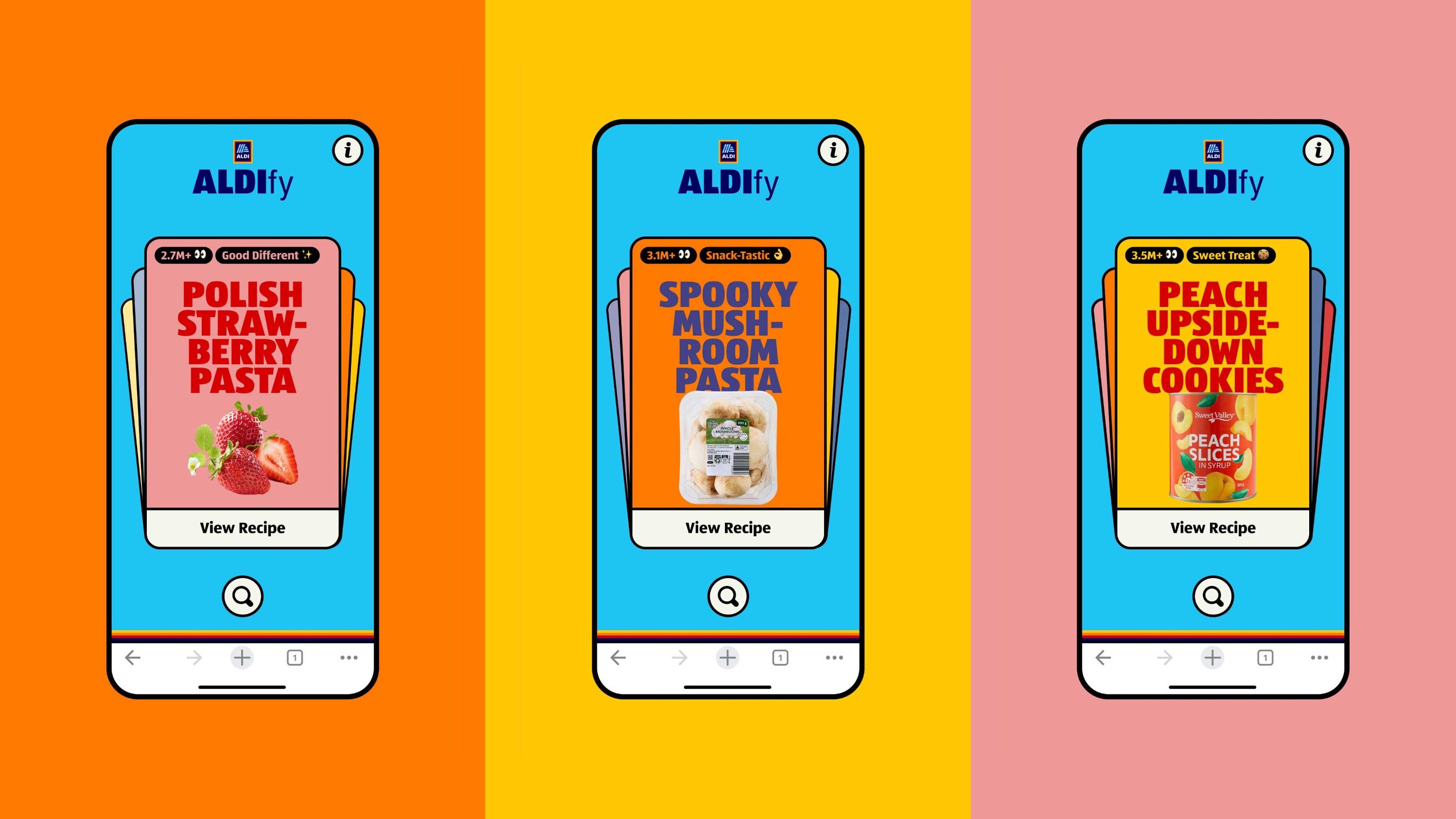 Three ALDIfy recipe cards on mobile