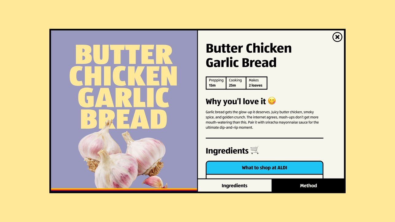 Recipe page for butter chicken garlic bread